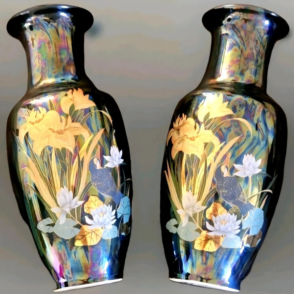 Japanese Pair Of Mid Century Vases Feat. Birds & Water Scene, Iridescent